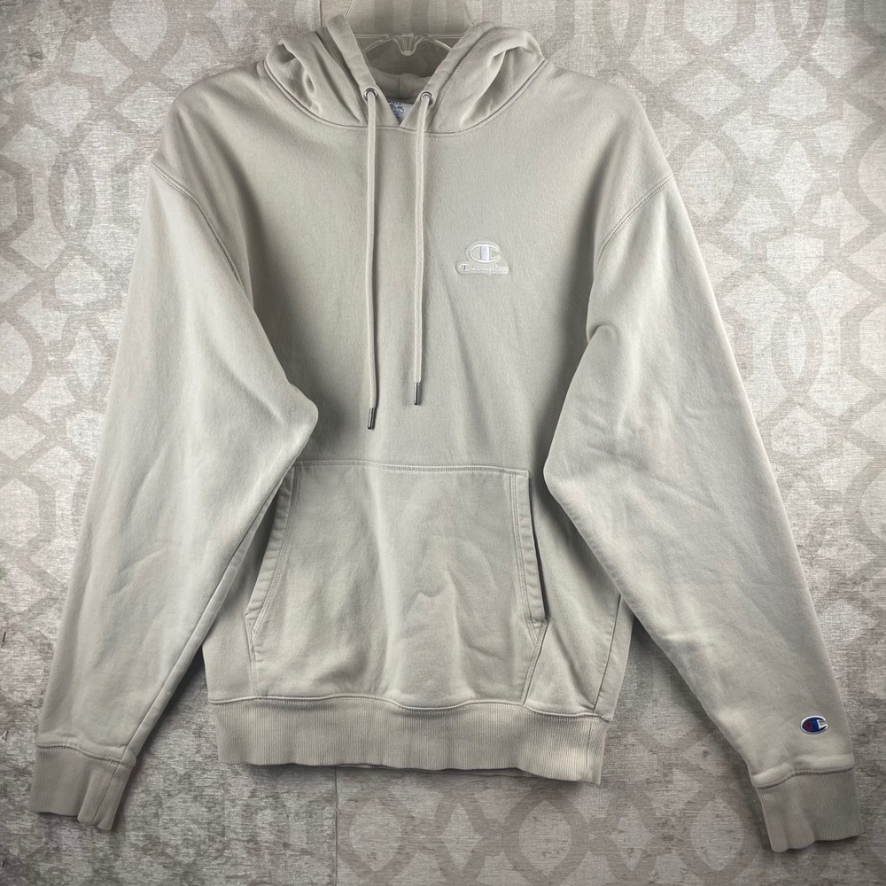Champion Classic Fleece Hoodie Mens Small Tan Pullover Logo Sweatshirt S6558